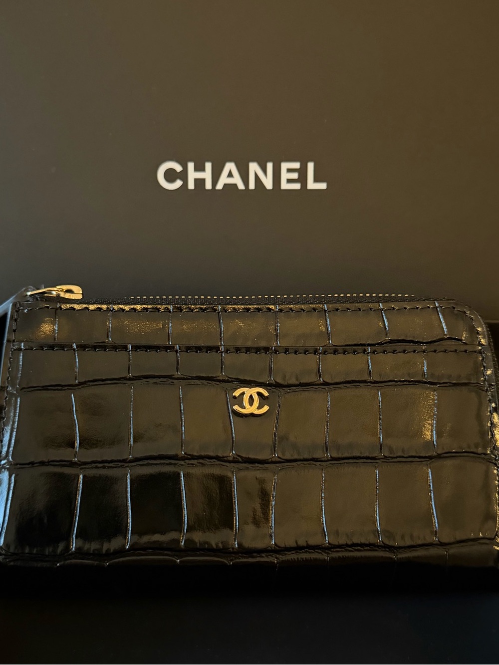 (Rare) CHANEL Black Croc-Embossed Leather Zip Cardholder (Matthieu Blazy 26S)